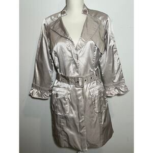 Charming Charlie's Satin Look Glamorous Trench Coat Size L Silver/Beige